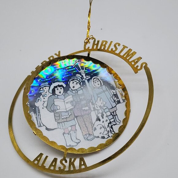 Merry Christmas Alaska Hologram Gold-Tone Hanging Christmas Holiday Ornament 3" - Picture 1 of 4